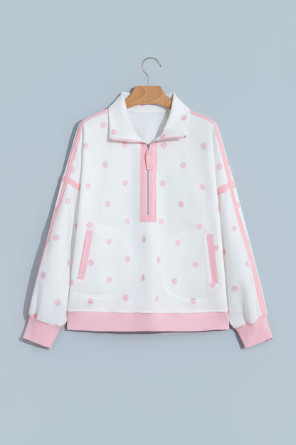 Polka Dot Half Zip Drop Shoulder Sweatshirt