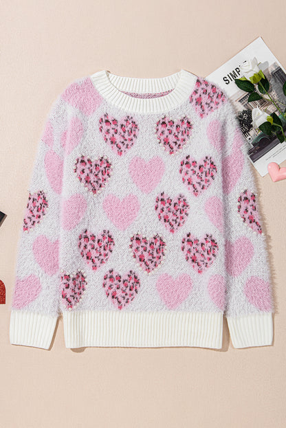 Heart Leopard Ribbed Trim Sweater