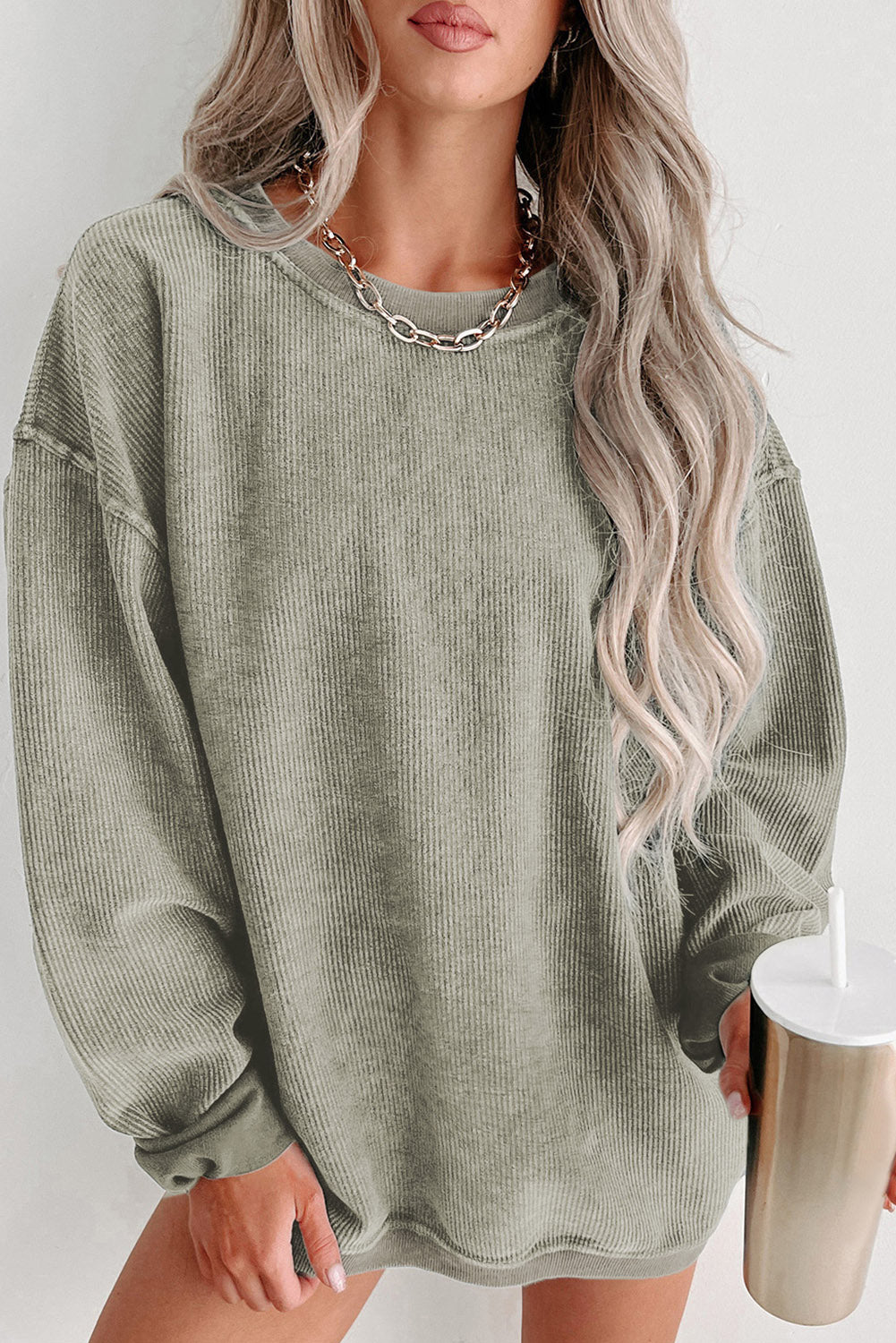 Washed Ribbed Pullover Sweatshirt