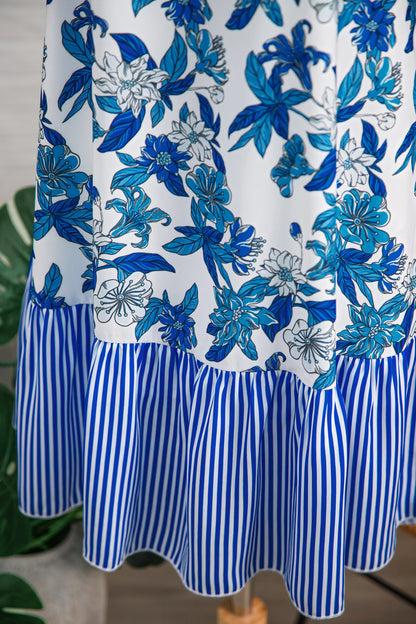 Floral Stripe Patchwork Sleeveless Ruffle Hem Dress