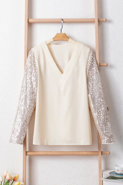 Sequin Long Sleeve V-Neck Blouse