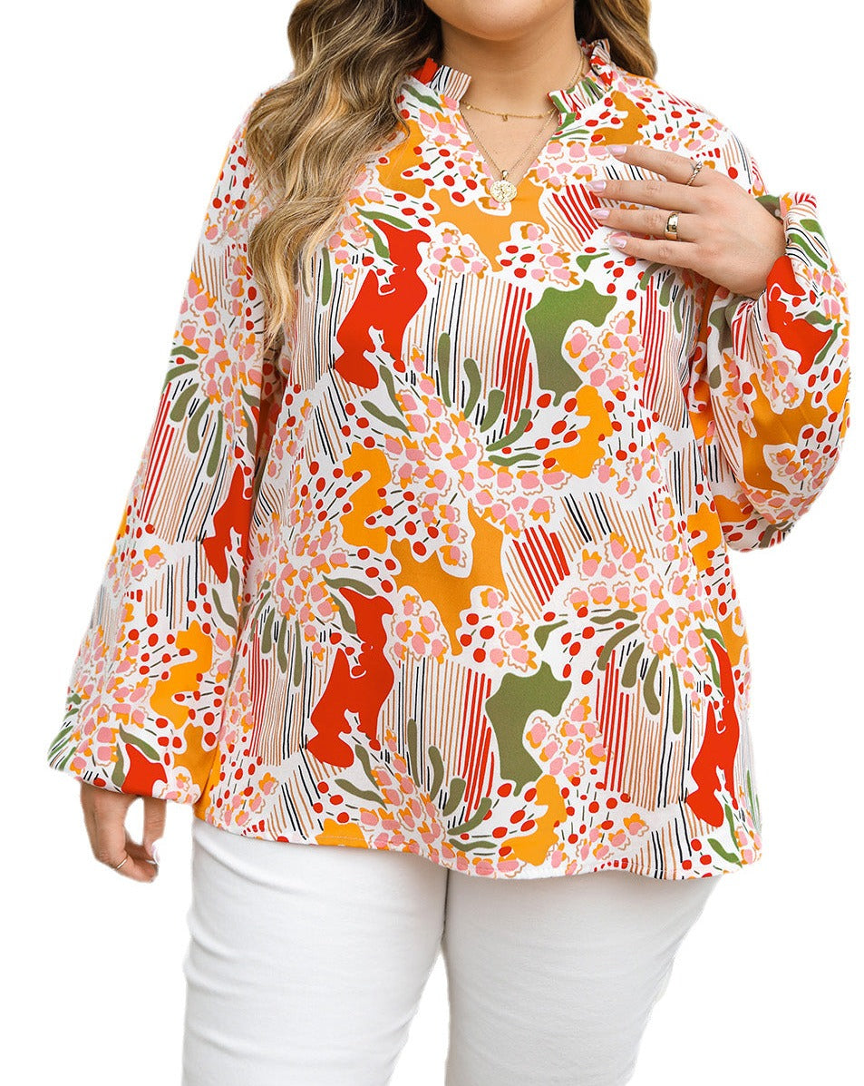 Abstract Floral Frilled V-Neck Blouse Plus Size