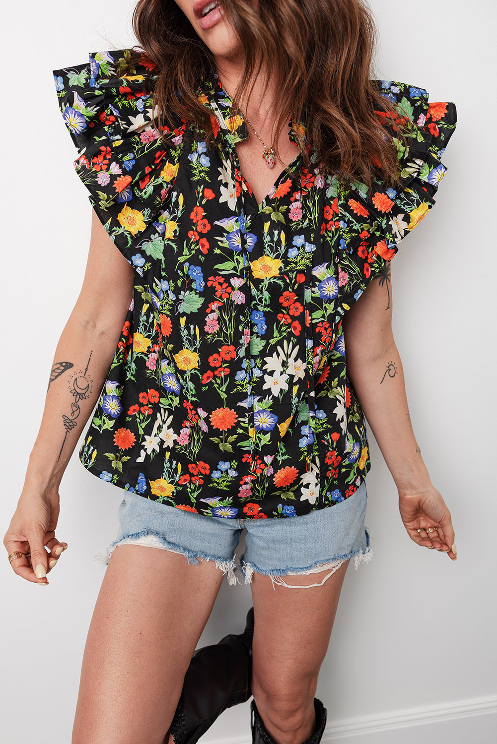 Flower Tiered Flutter Sleeve V-Neck Blouse