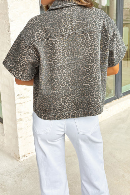 Leopard Denim Short Sleeve Button Up Cropped Shirt