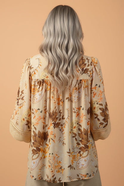 Paisley Lace Patchwork Long Sleeve V-Neck Blouse