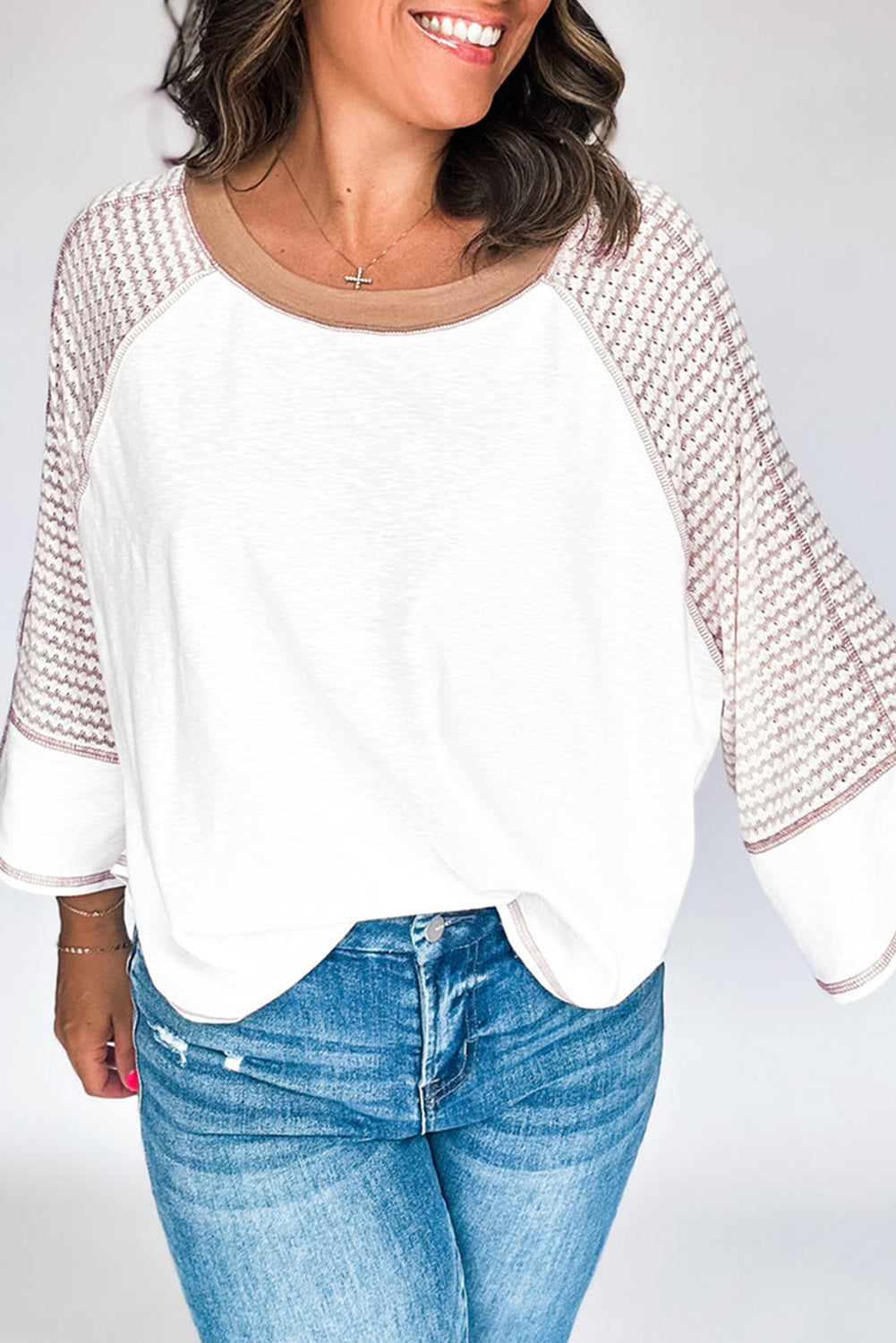 Stripe Patchwork 3/4 Raglan Sleeve Top