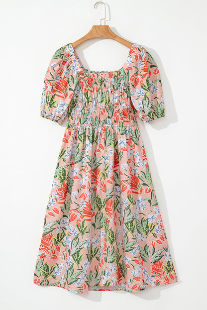 Floral Smocked Bust Bubble Sleeve Maxi Dress