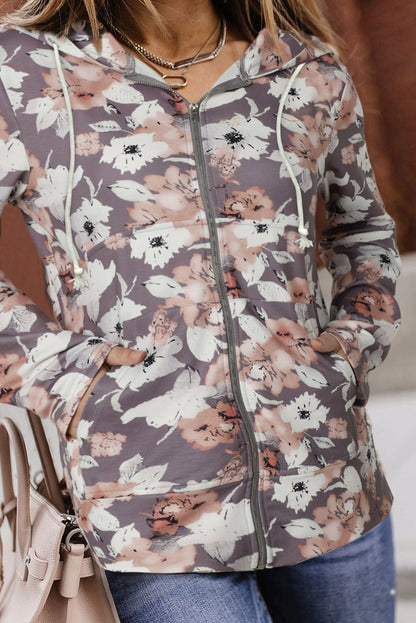 Floral Pocketed Zip-Up Drawstring Hoodie