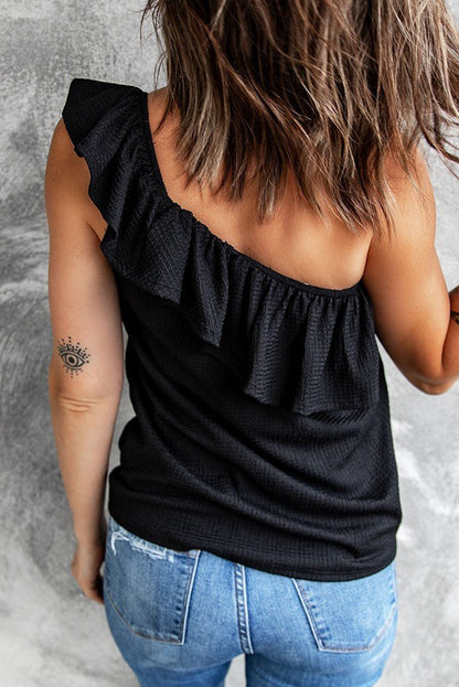 Crinkle Ruffle One Shoulder Tank