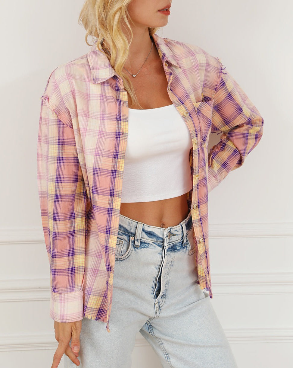 Plaid Distressed Buttoned Shirt w/Pockets