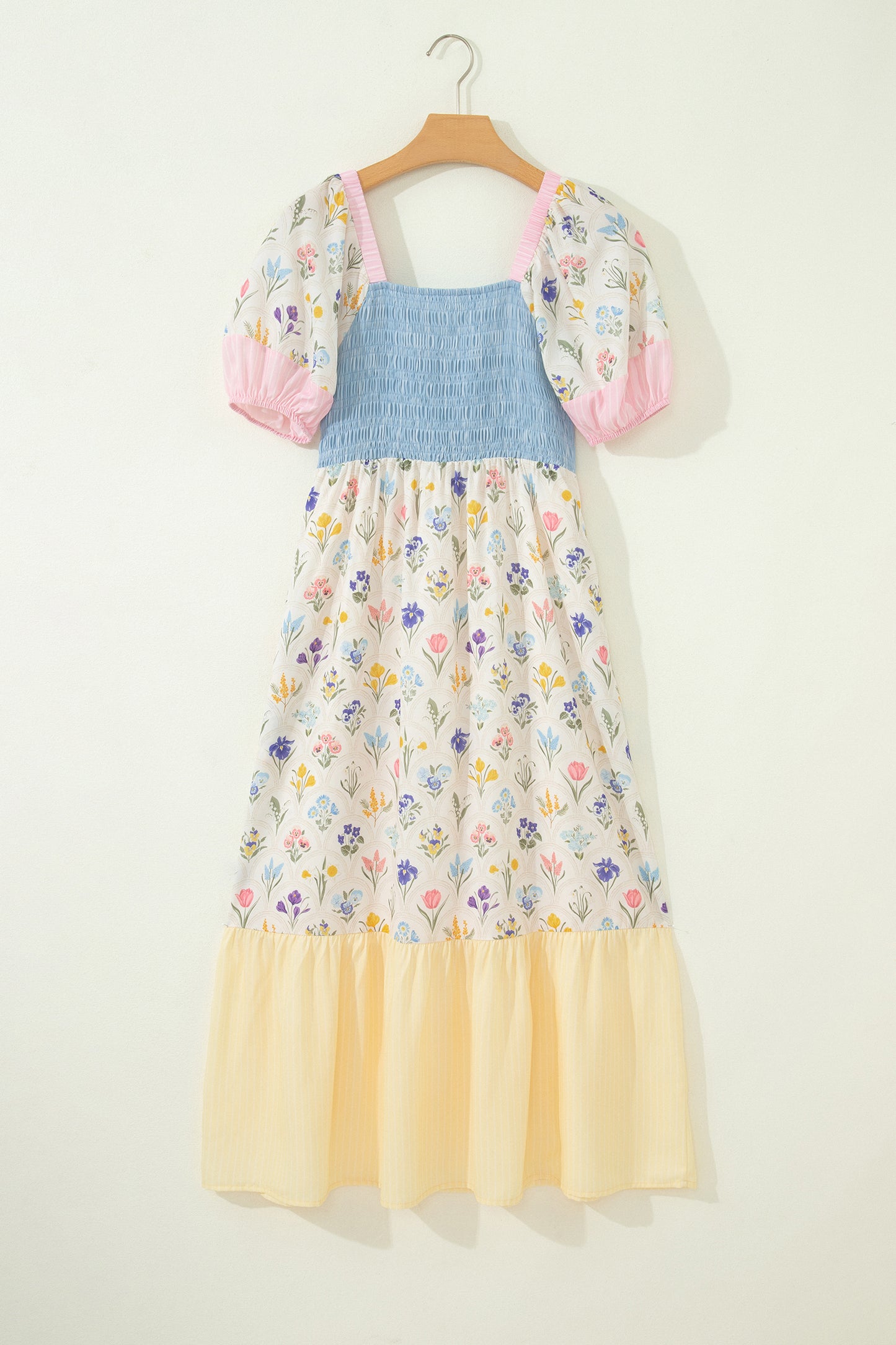 Floral Stripe Colorblock Square Neck Shirred Dress