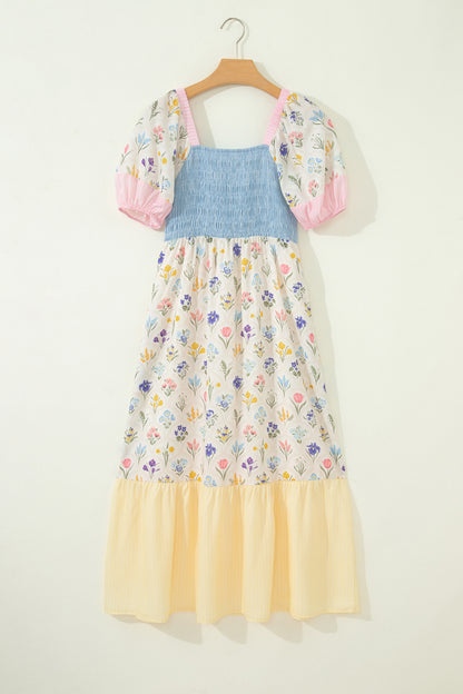 Floral Stripe Colorblock Square Neck Shirred Dress