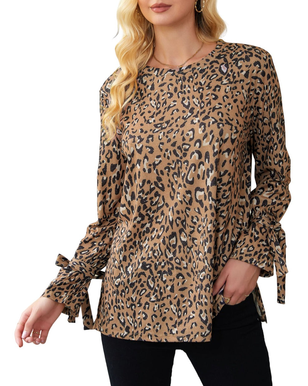 Leopard Bow Long Sleeve Blouse