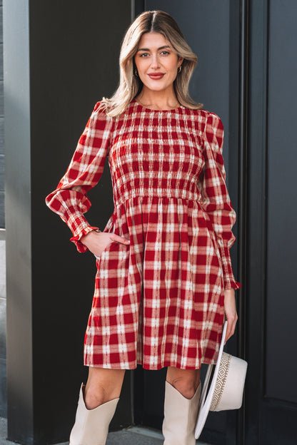 Plaid Smocked Puff Sleeve Mini Dress