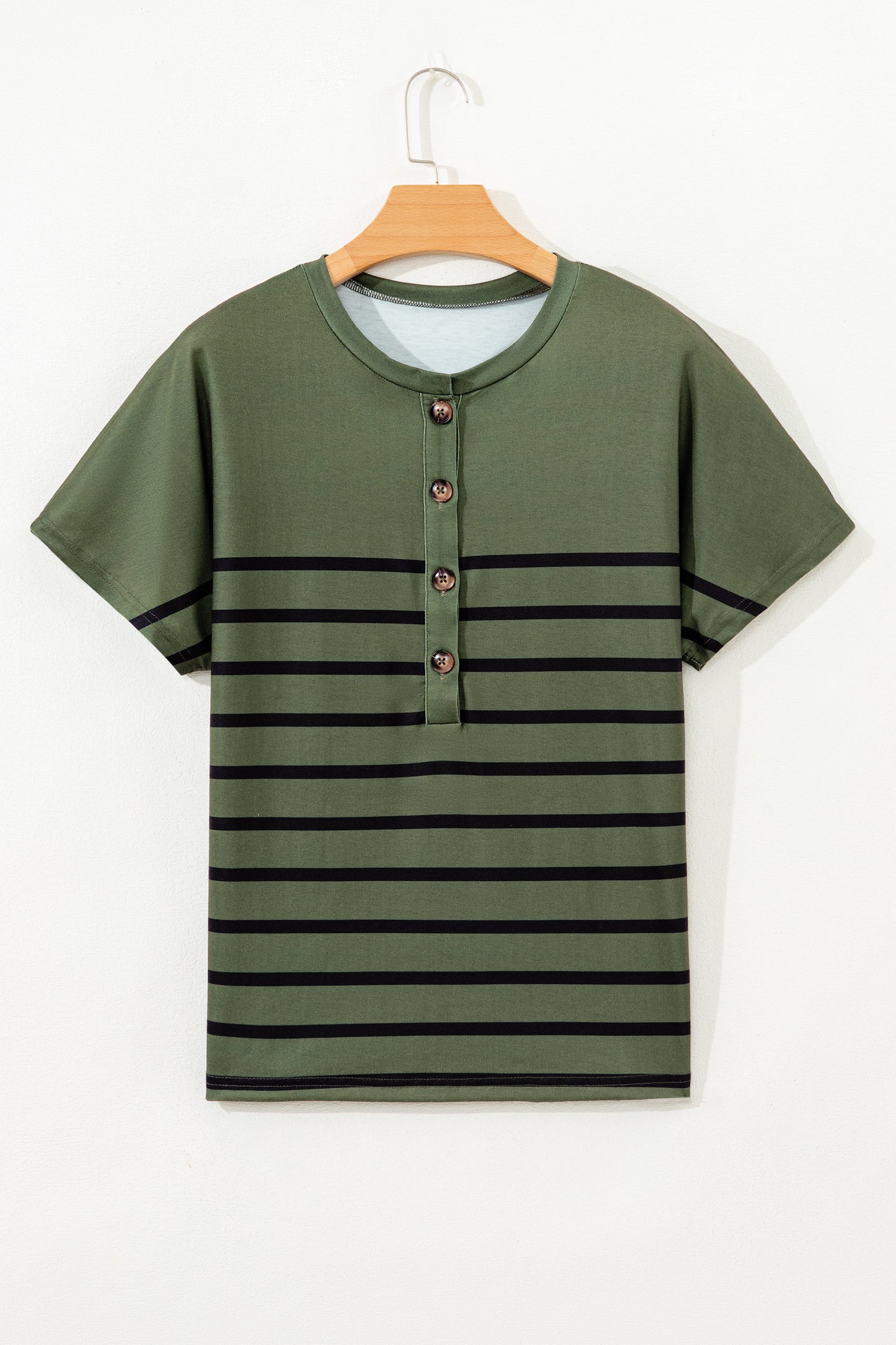 Stripe Half Buttoned Crewneck T-Shirt