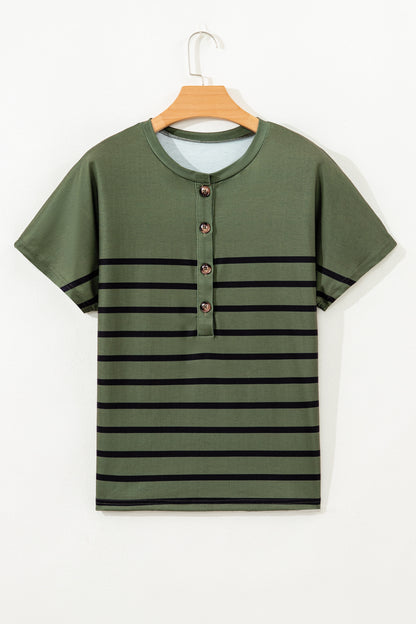 Stripe Half Buttoned Crewneck T-Shirt