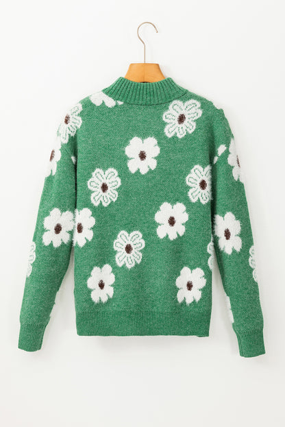 Floral Half Zip Drop Shoulder Sweater