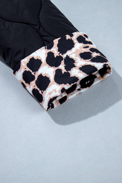 Leopard Cuff Quilted Button Down Puffer Jacket