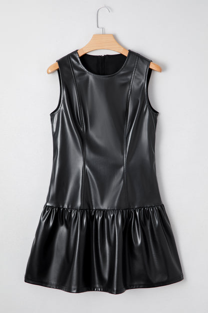 Faux Leather Ruffle Hem Sleeveless Mini Dress