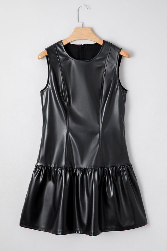 Faux Leather Ruffle Hem Sleeveless Mini Dress