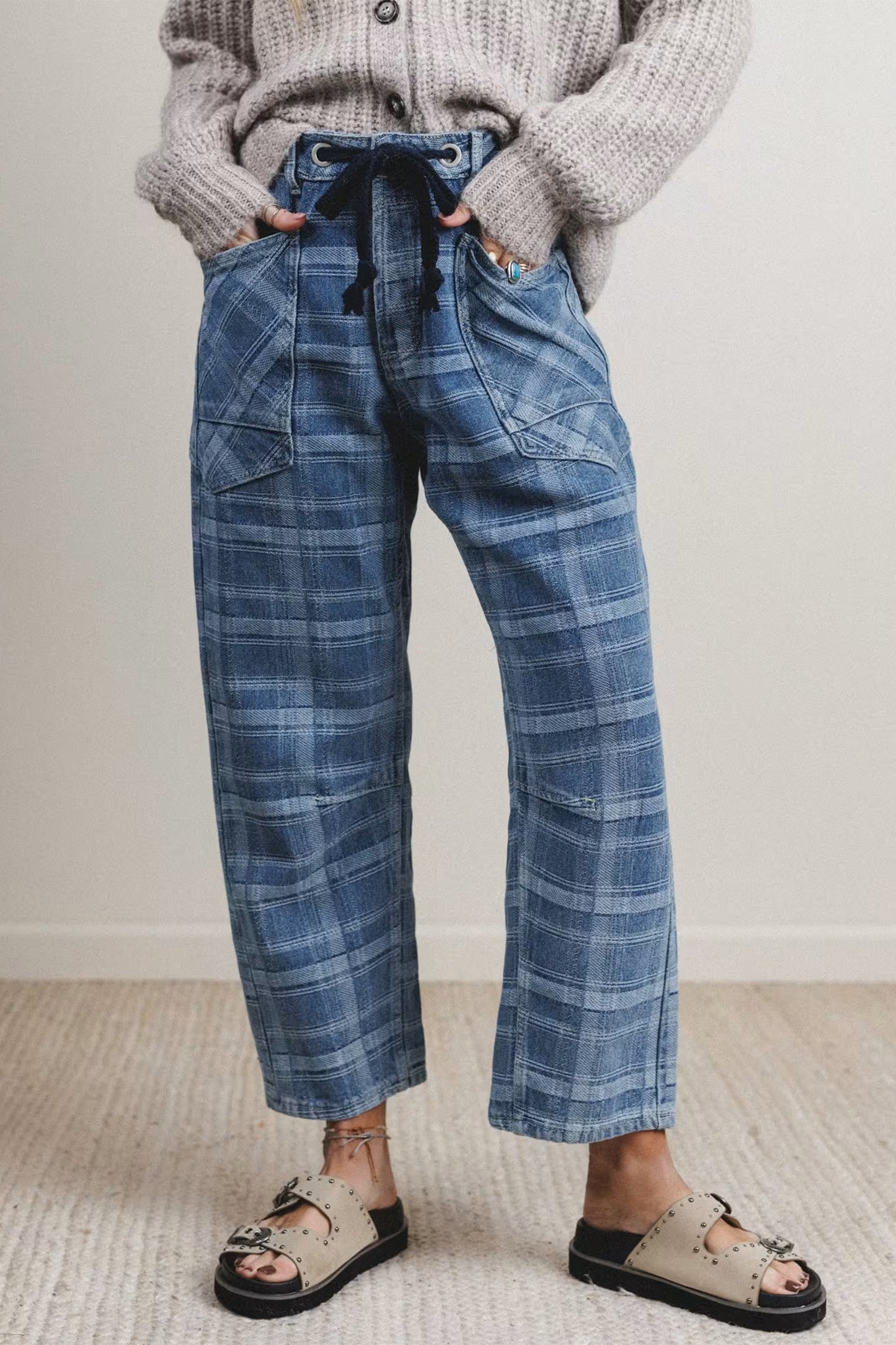 Denim Plaid Grommet Drawstring Waist Jeans