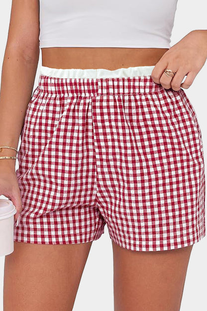 Plus Size Gingham Plaid Ruffle Contrast Trim Shorts