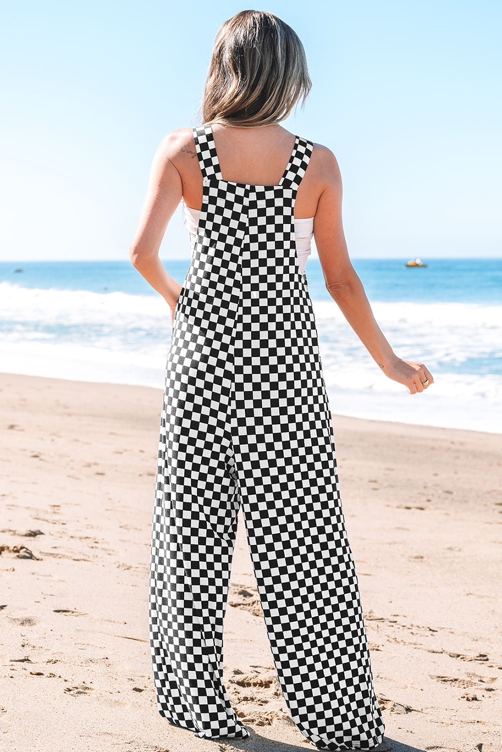 Checker Pocketed Wide Leg Jumpsuit