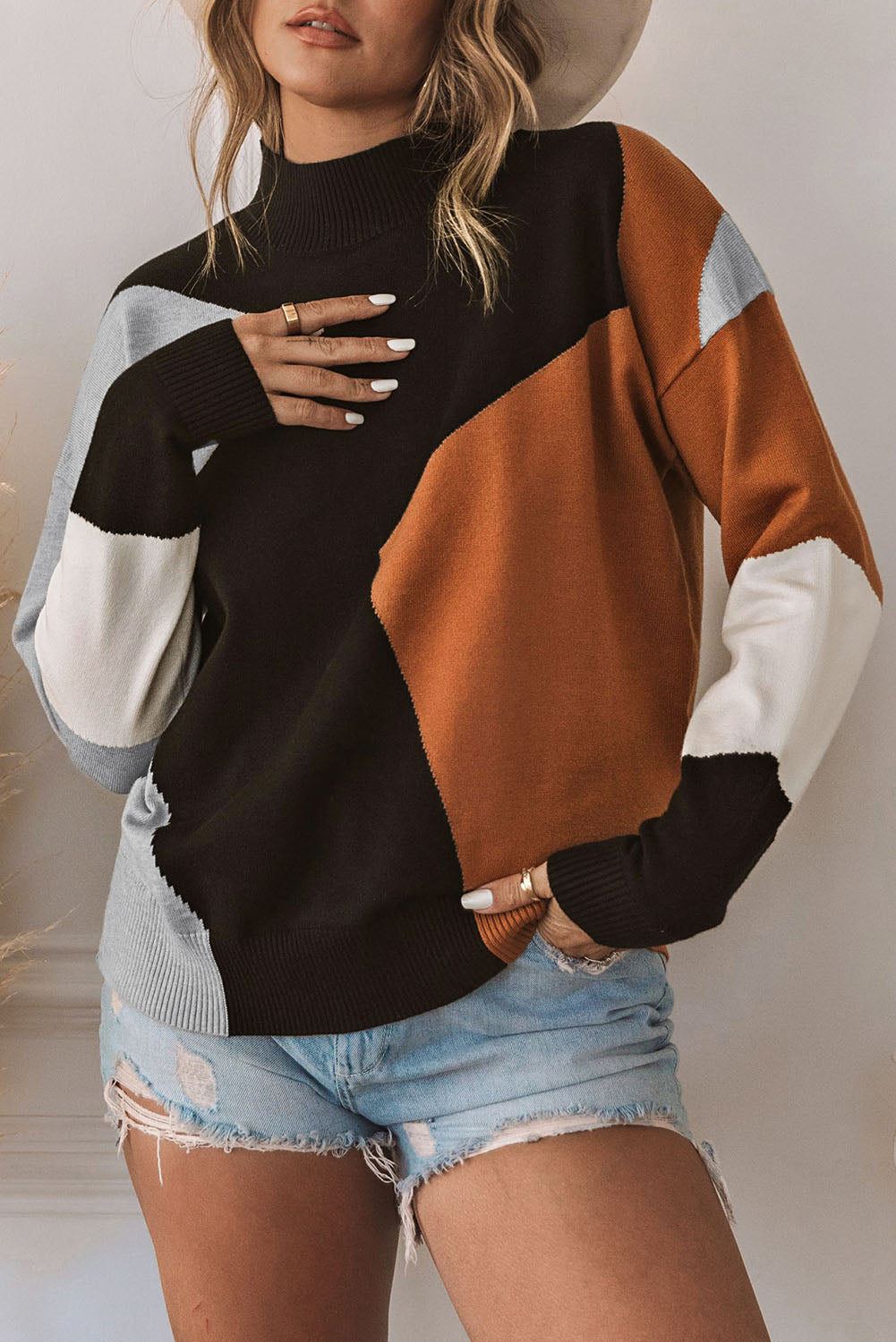 Colorblock Mock Neck Sweater