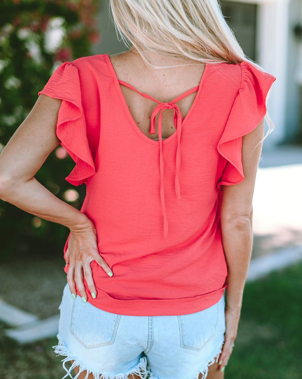 Ruffle Sleeve V-Neck Tie-Back Top