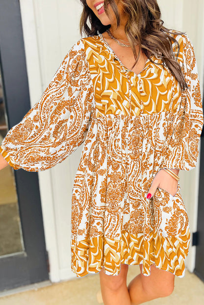 Boho Abstract Puff Sleeve Mini Dress