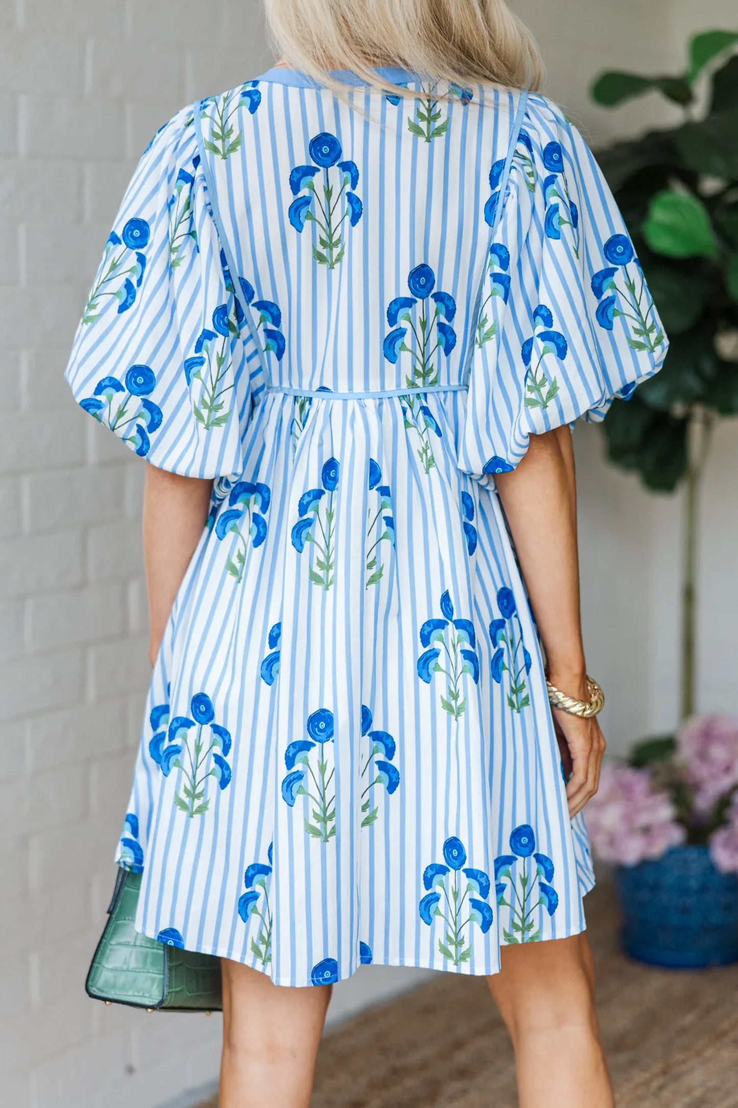 Floral Stripe Tie Notch Puff Sleeve Dress