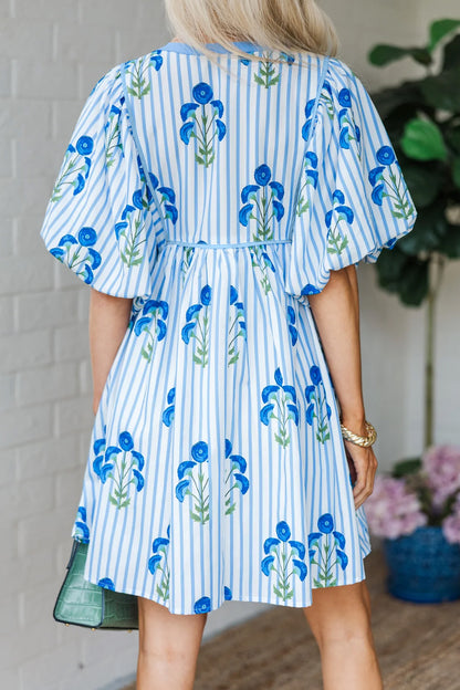 Floral Stripe Tie Notch Puff Sleeve Dress