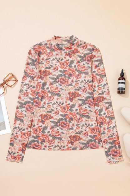 Floral Mesh Mock Neck Long Sleeve Top