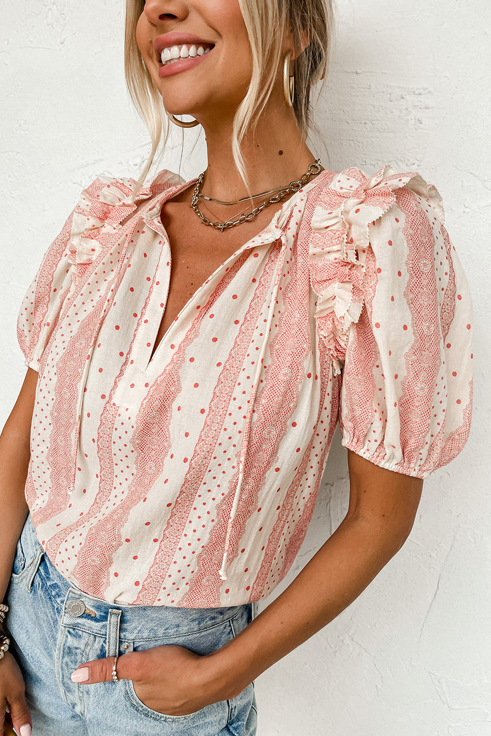 Dotted Frilled Puff Sleeve Blouse