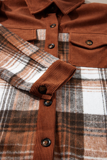 Plaid Corduroy Patchwork Pocketed Shacket