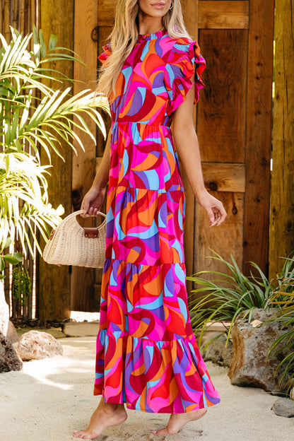 Abstract Ruffle Tiered Maxi Dress