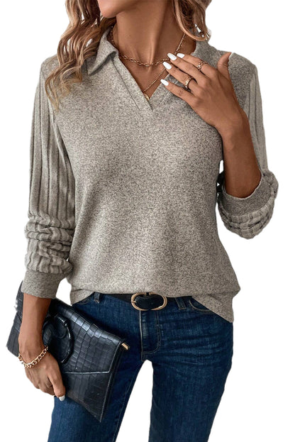 Ribbed Sleeve Collared V-Neck Top