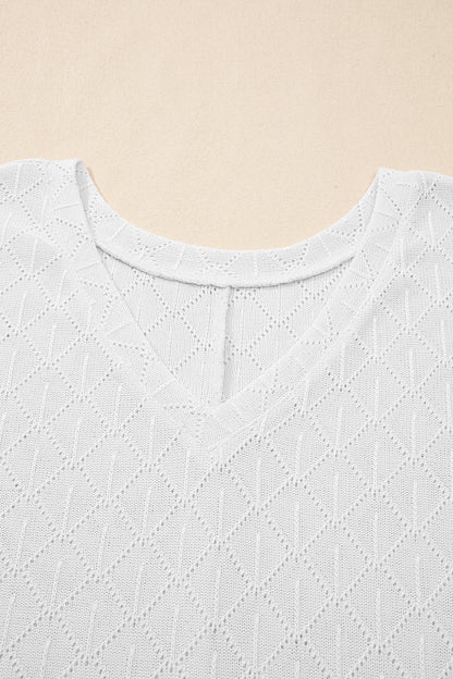 Plus Size Solid Pointelle Knit Rhombus V-Neck Top