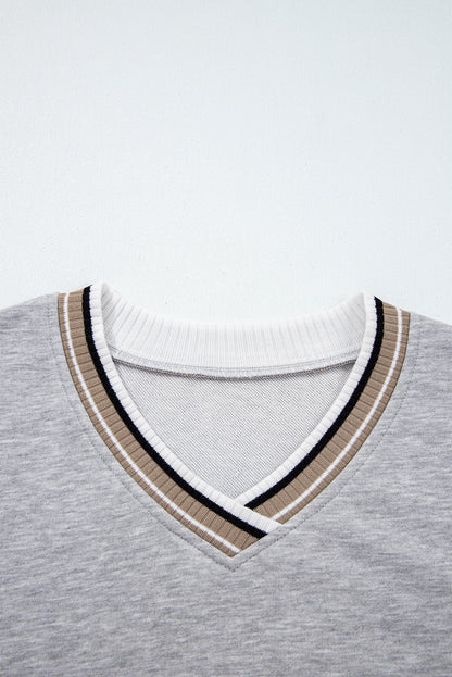 Varsity Contrast Stripe Trim V-Neck Sweatshirt