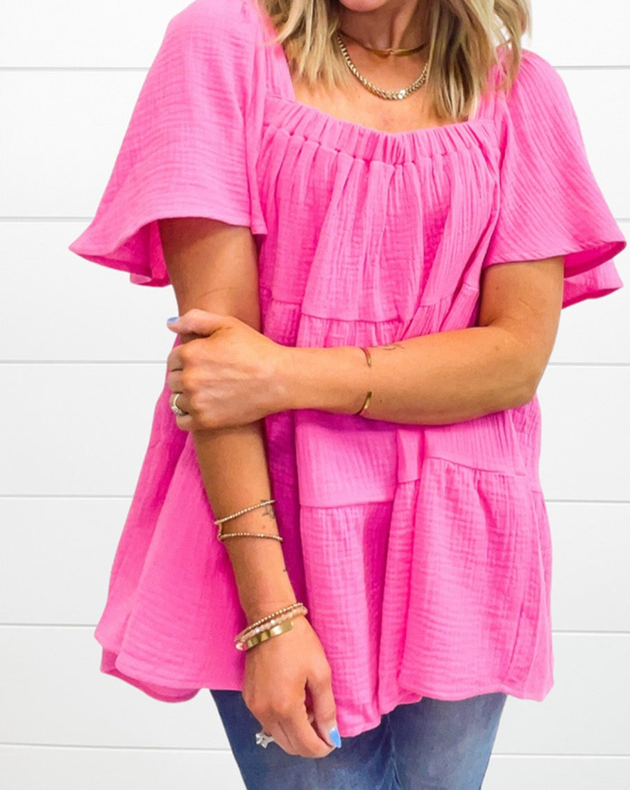 Gauze Square Neck Tiered Blouse