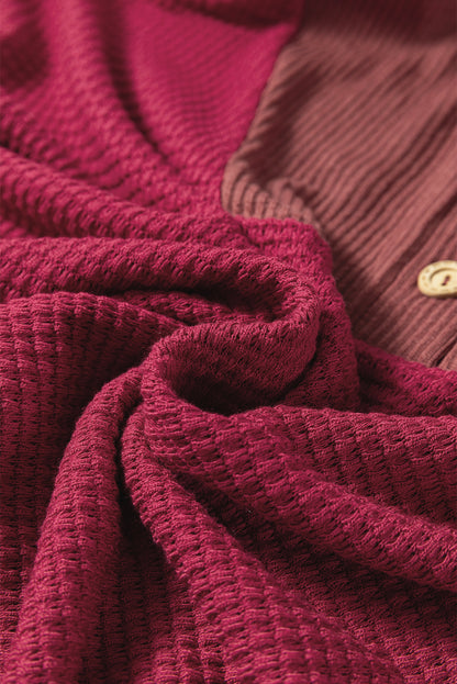 Waffle Patchwork Drop Shoulder Long Sleeve Hooded Top