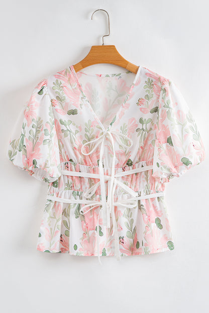 Floral Tied V-Neck Puff Sleeve Peplum Blouse