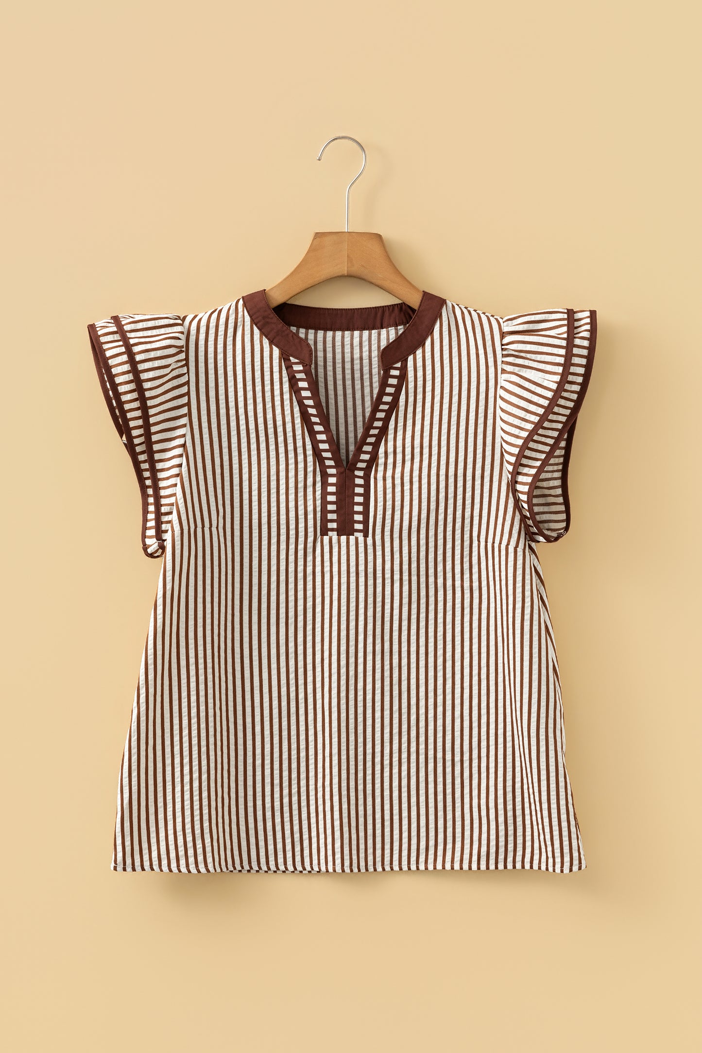 Stripe Double Ruffle Short Sleeve V-Neck Blouse