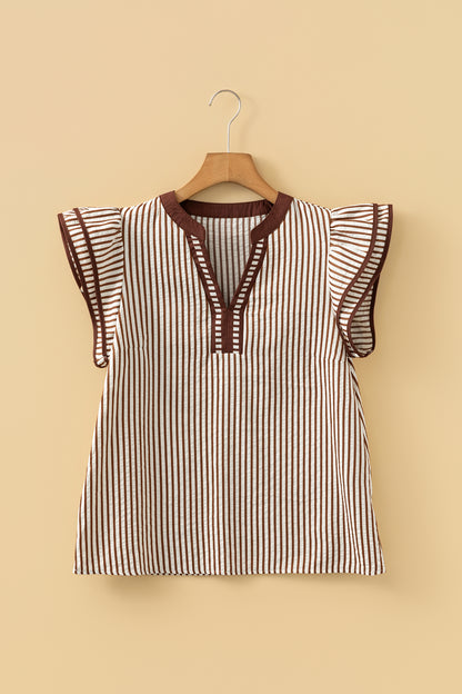 Stripe Double Ruffle Short Sleeve V-Neck Blouse