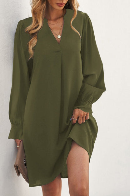 Solid V-Neck Ruffle Sleeve Dress