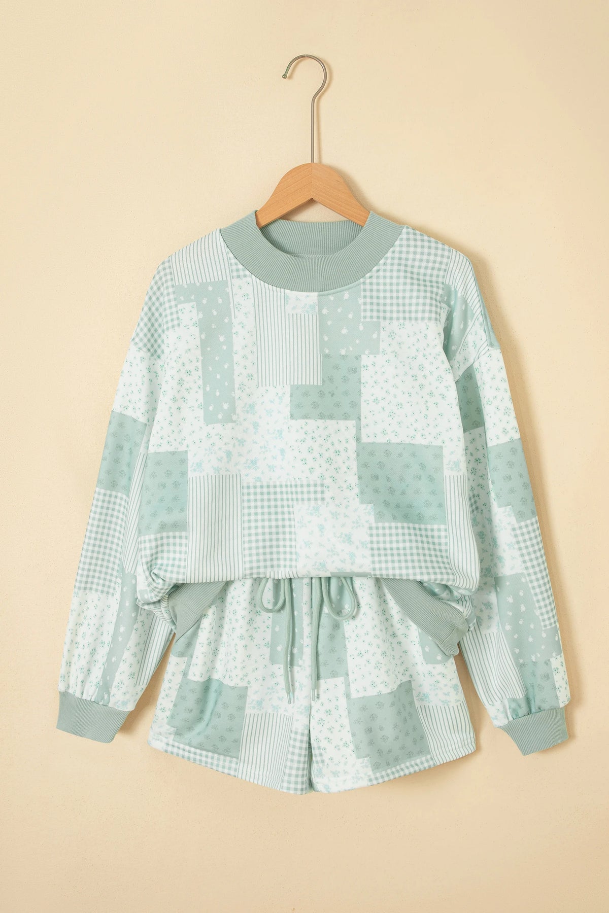 Floral Patchwork Sweatshirt & Drawstring Shorts Set
