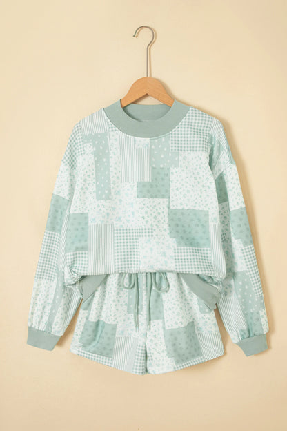 Floral Patchwork Sweatshirt & Drawstring Shorts Set