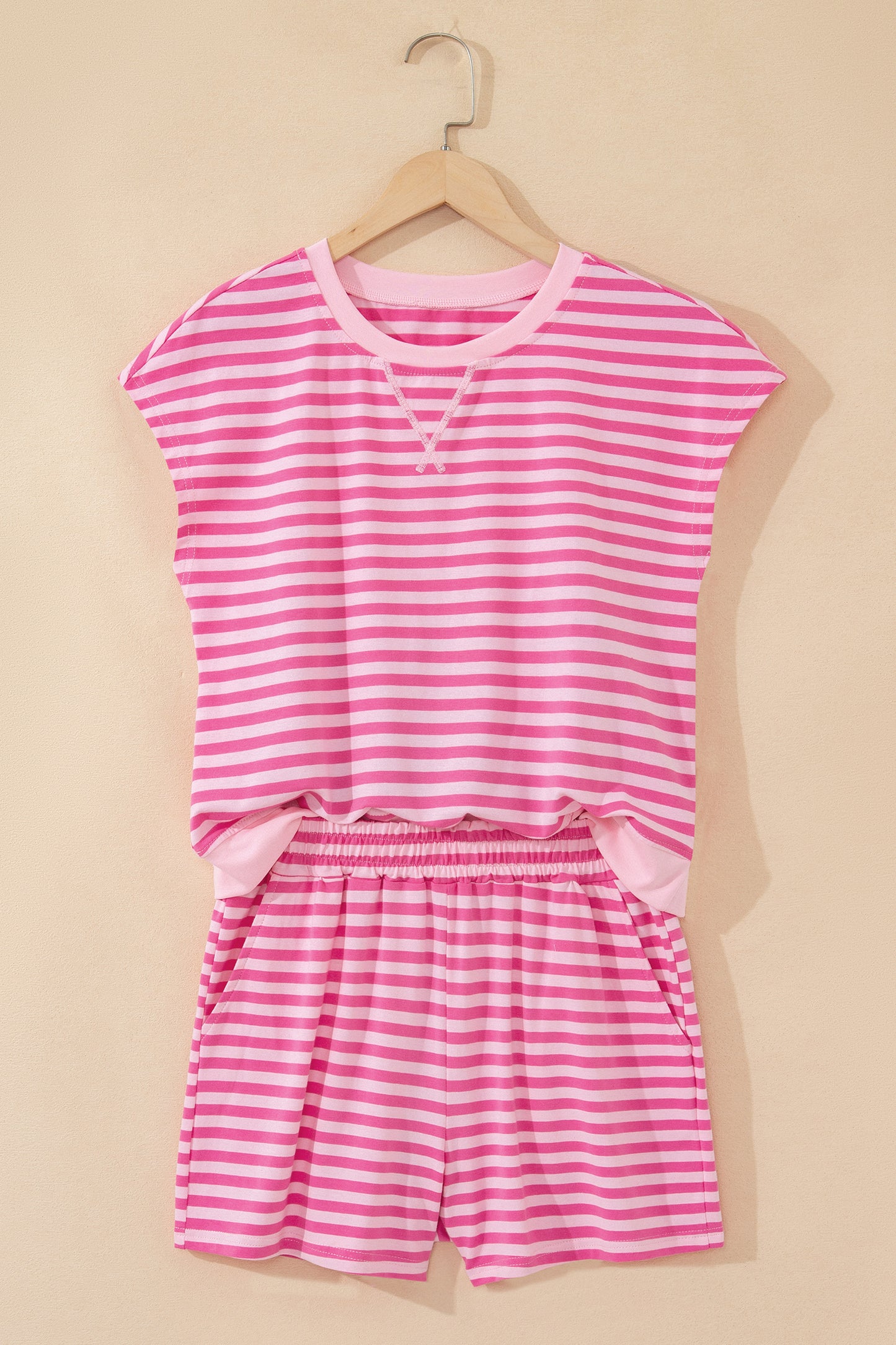 Stripe Cap Sleeve Tee & Elastic Waist Shorts Set
