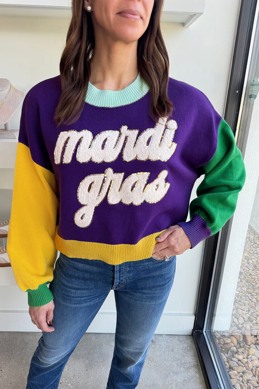 Mardi Gras Colorblock Fuzzy Patchwork Sweater