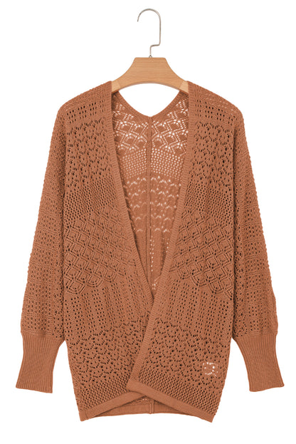 Solid Hollow Knit Open-Front Cardigan